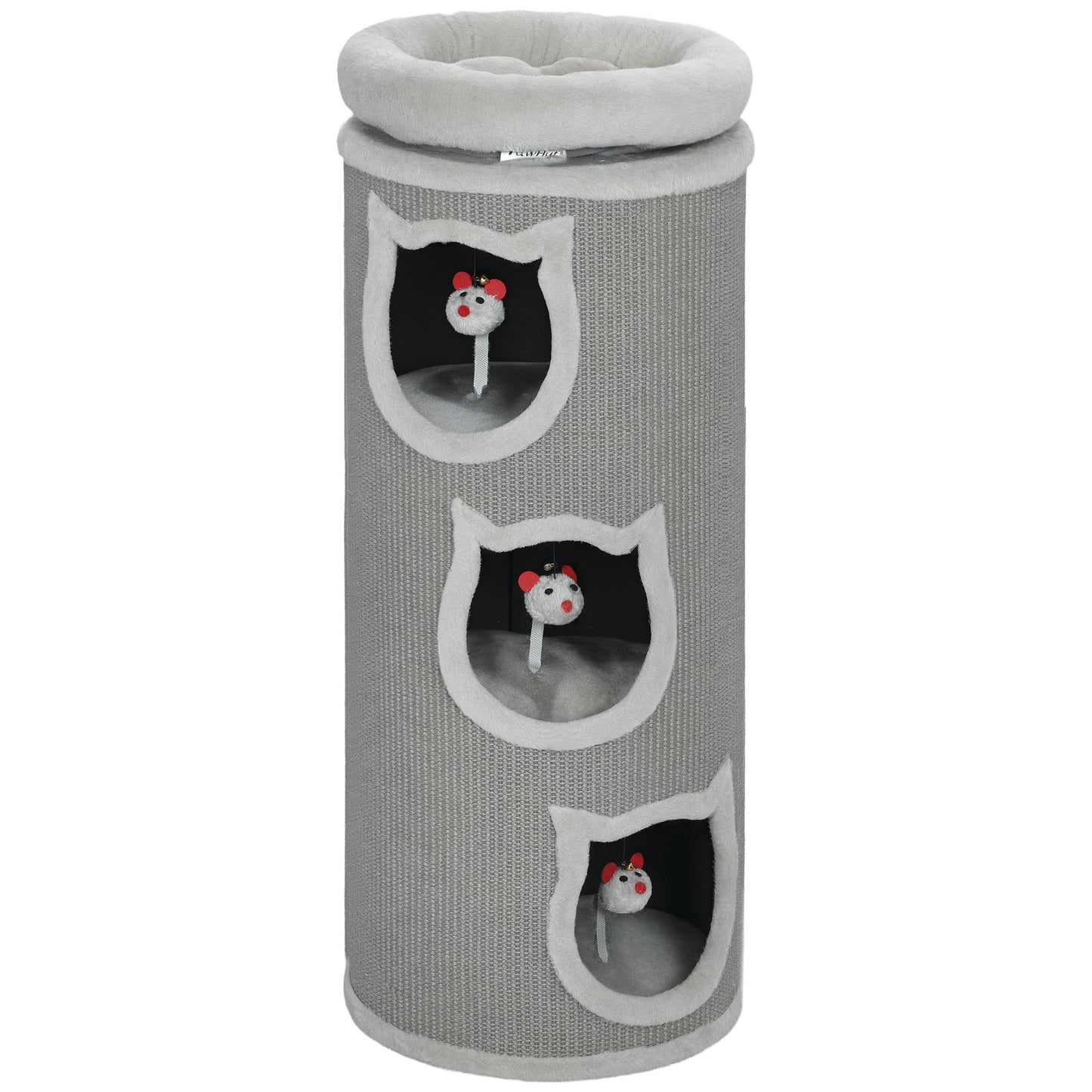 Kattenkrabpaal – Krabpaal – Kattenboom – Kattenhuis – Kattenmeubel – Grijs – 96 cm Hoog – 3 Holletjes Met Wasbaar Bed