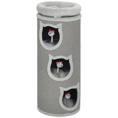 Kattenkrabpaal – Krabpaal – Kattenboom – Kattenhuis – Kattenmeubel – Grijs – 96 cm Hoog – 3 Holletjes Met Wasbaar Bed