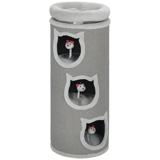 Kattenkrabpaal – Krabpaal – Kattenboom – Kattenhuis – Kattenmeubel – Grijs – 96 cm Hoog – 3 Holletjes Met Wasbaar Bed