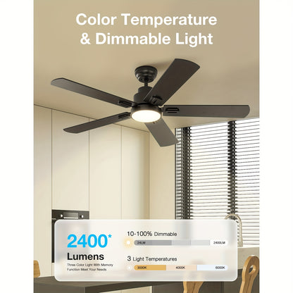 Plafondventilator – Ventilator – Plafondventilator Met Licht – Ventilator Met LED – Silent Fan – Matzwart – 132 cm – 6 Snelheden Reversibele DC Motor
