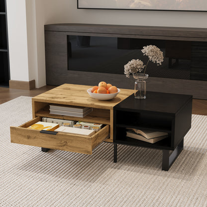 Salontafel – Woonkamertafel – Koffietafel – Bijzettafel – Tafel Met Lades – Burlywood Kleurvlakken – Hardhout En Metaal – Met Opbergruimte