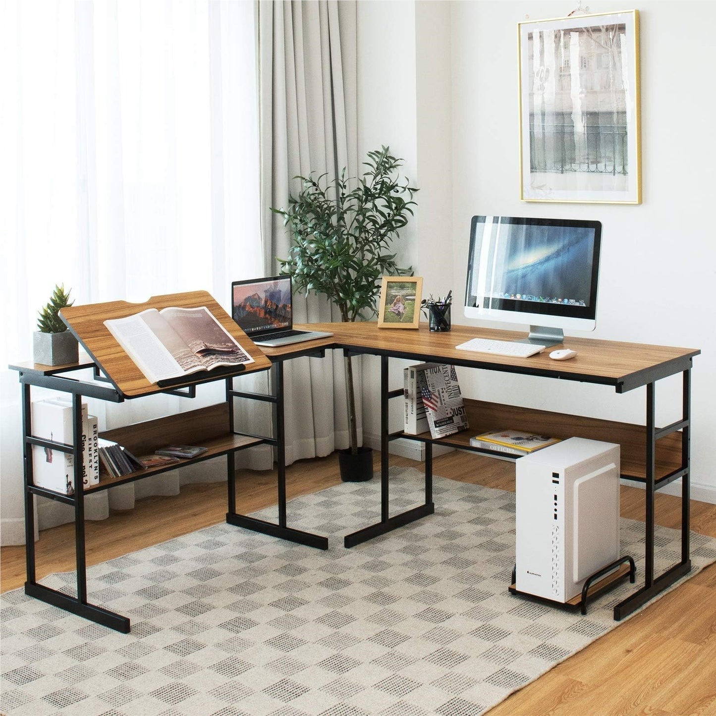 L-vormig Bureau – Hoekbureau – Werkplek – Computerbureau – Bureau Met Verstelbaar Blad – 170 x 150 x 75 cm – Walnoothout – 2 Planken & CPU-standaard