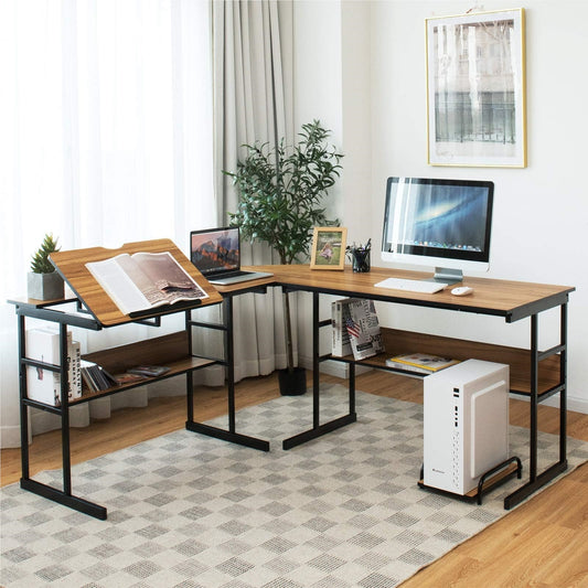 L-vormig Bureau – Hoekbureau – Werkplek – Computerbureau – Bureau Met Verstelbaar Blad – 170 x 150 x 75 cm – Walnoothout – 2 Planken & CPU-standaard