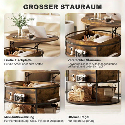 Verstelbare Salontafel – Ronde Tafel – Bijzettafel – Coffee Table – Woonkamer Tafel – Bruin – Hoogte Verstelbaar 47-61,5 cm – Met Verborgen Opbergruimte