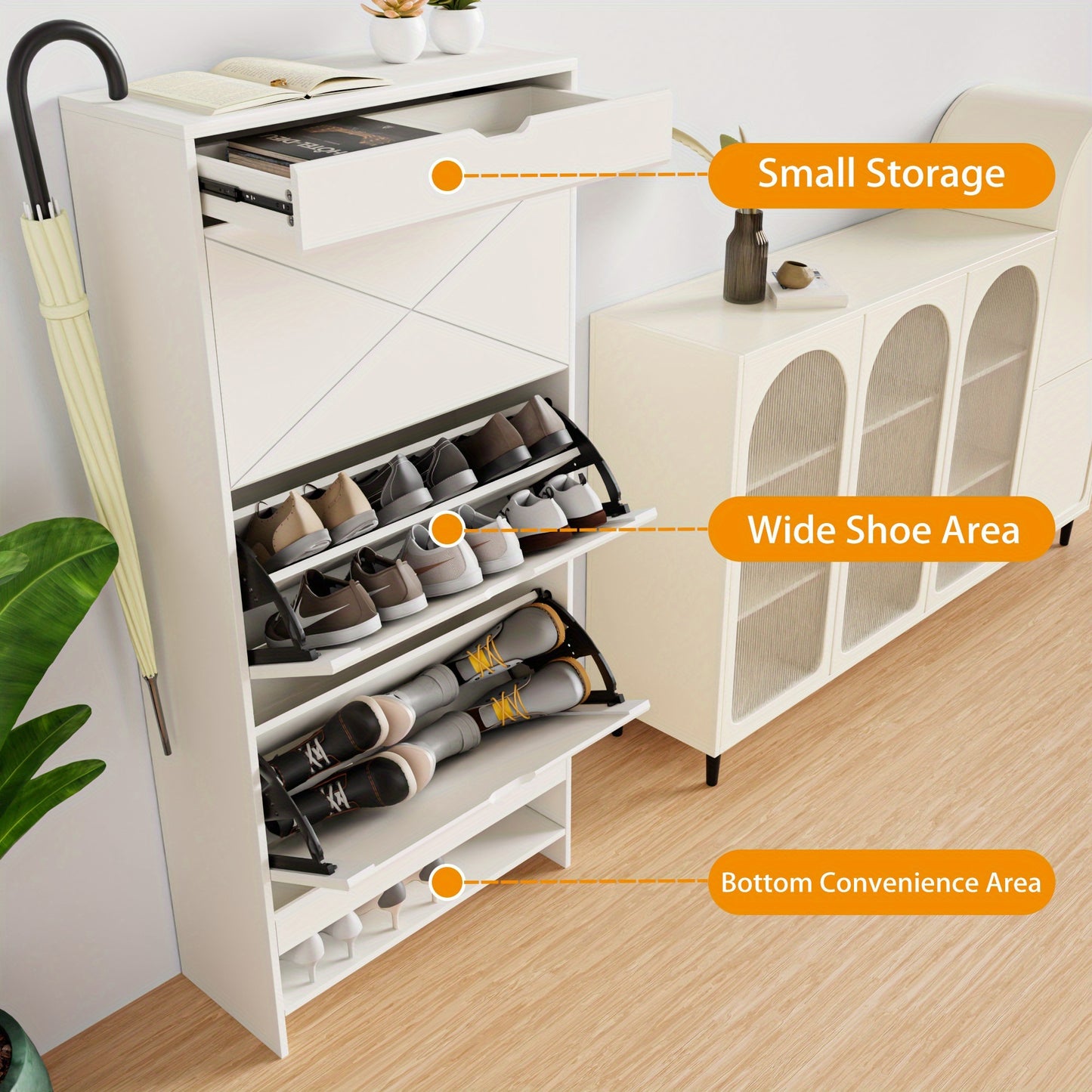 Schoenenkast – Schoenenrek – Schoenopberger – Schoenmeubel – Schoenentoren – Modern Design – 3 Draaibare Lade & 1 Vaste Plank – Wit – Ruimtebesparend