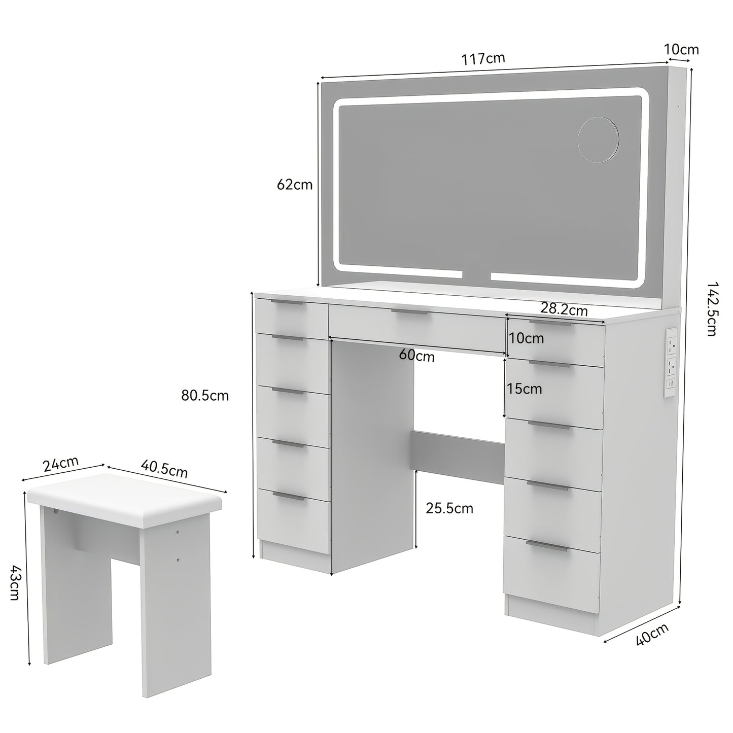Kaptafel – Make-up Tafel – Toonbank – Dressoir – Schoonheidstafel – Wit – 11 Lades – Verstelbare LED Spiegel – Glazen Tafelblad – Inclusief Krukje