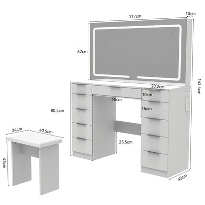 Kaptafel – Make-up Tafel – Toonbank – Dressoir – Schoonheidstafel – Wit – 11 Lades – Verstelbare LED Spiegel – Glazen Tafelblad – Inclusief Krukje