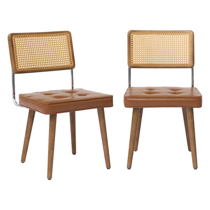 Eetkamerstoelen – Stoelen – Dining Chairs – Zetels – Zitmeubels – Set van 2 Zwarte Mid-Century Modern Boho Stoelen – Houten Frame Met Natuurlijke Rattan Rugleuning – Comfortabele Gestoffeerde Katoenzitting