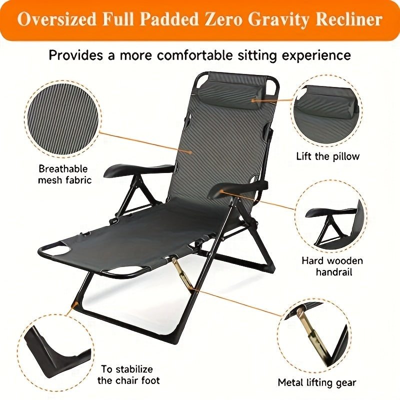 Opvouwbare Relaxstoel – Loungestoel – Ligstoel – Klapstoel – Tuinstoel – Zwart – Extra Brede Zitting 68 cm – Stevig Metalen Frame