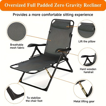 Opvouwbare Relaxstoel – Loungestoel – Ligstoel – Klapstoel – Tuinstoel – Zwart – Extra Brede Zitting 68 cm – Stevig Metalen Frame