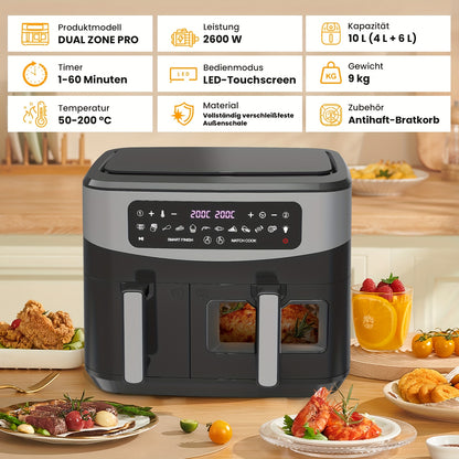 Airfryer – Heteluchtfriteuse – Luchtfriteuse – Dubbele Friteuse – Luchtoven – XXL 10L Capaciteit – 12 Voorgeprogrammeerde Programma’s – Touchscreen Bediening – Gezond Bakken Met Weinig Olie
