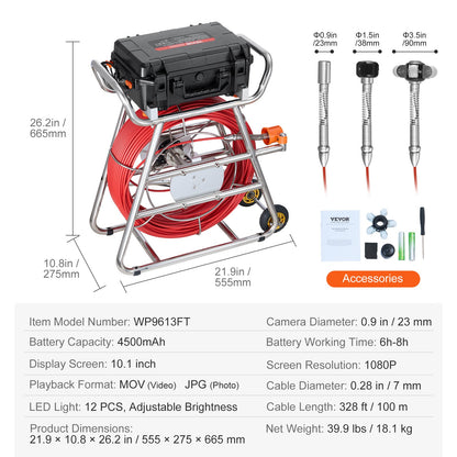 Rioolcamera – Inspectiecamera – Endoscoop – Buisinspectiecamera – Zelfnivellerend – 100M Kabel – 10,1 Inch Touchscreen