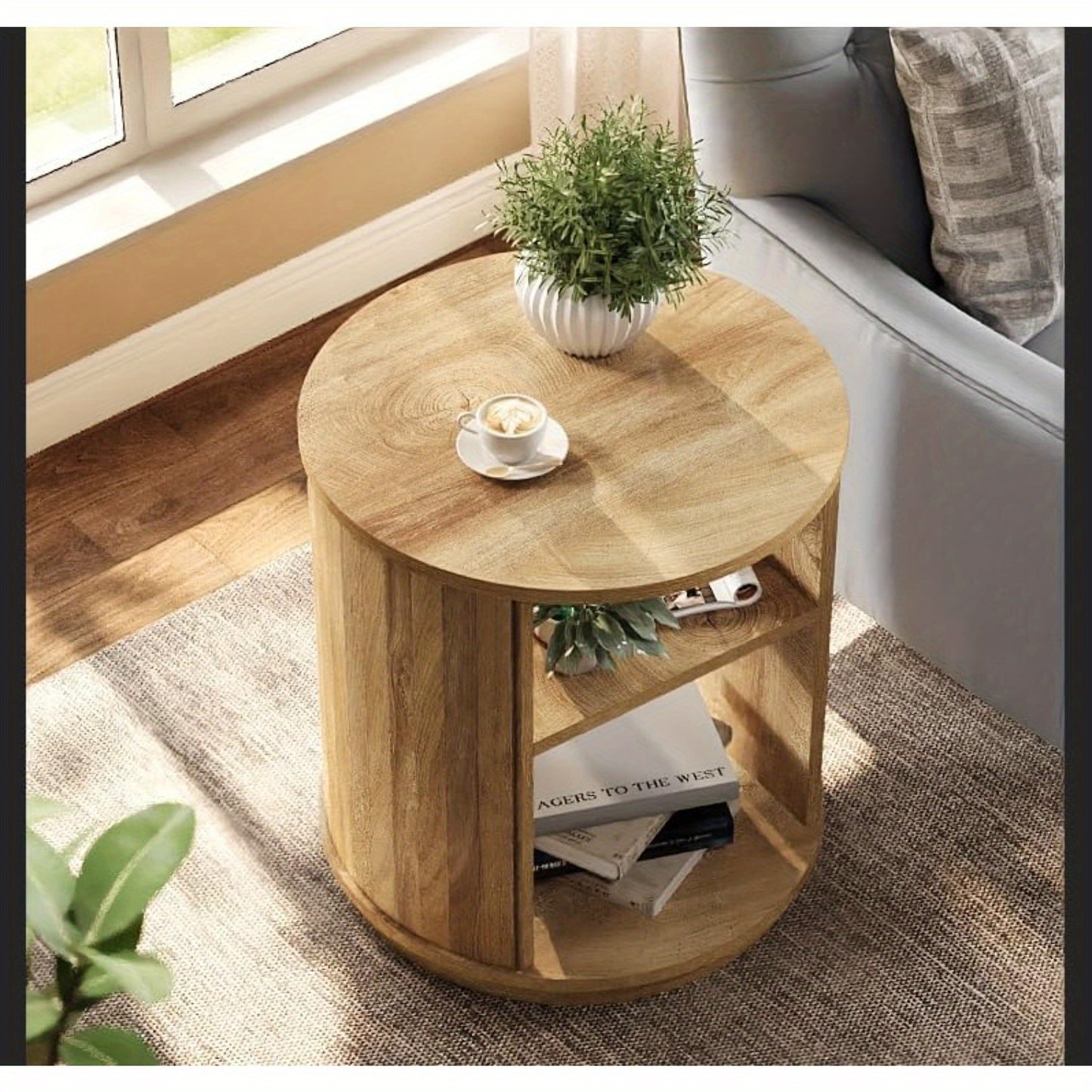 Nachtkastje – Bijzettafel – Opbergtafeltje – Bedtafel – Accenttafel – Ronde Vorm – 3 Opslagniveaus – Natuurlijke Houtlook – Compact & Stevig MDF