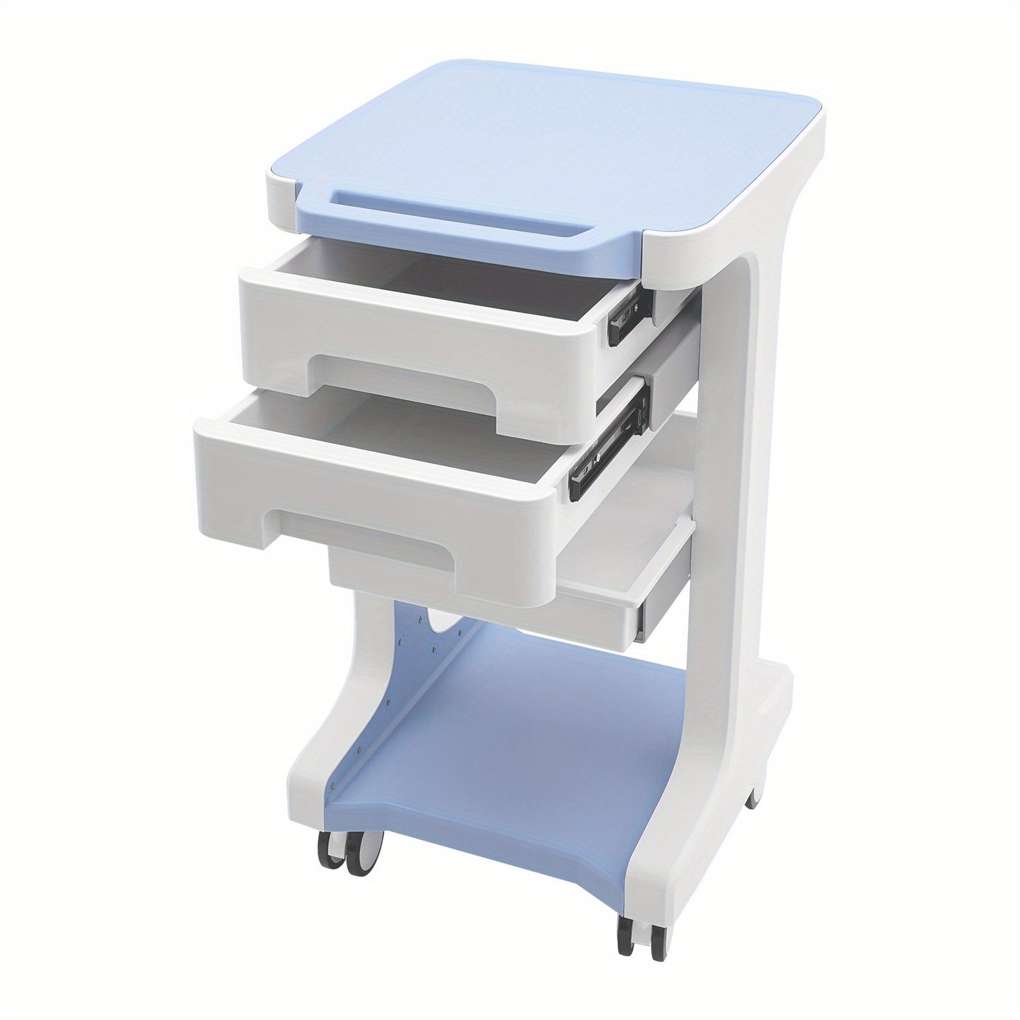 Beauty trolley – Make-upkoffer – Opbergtrolley – Kosmetiekoffer – Schoonheidstrolley – 3 lagen met 2 laden – Duurzaam ABS kunststof, 50 kg draagvermogen – Blauw/wit met remmende zwenkwielen