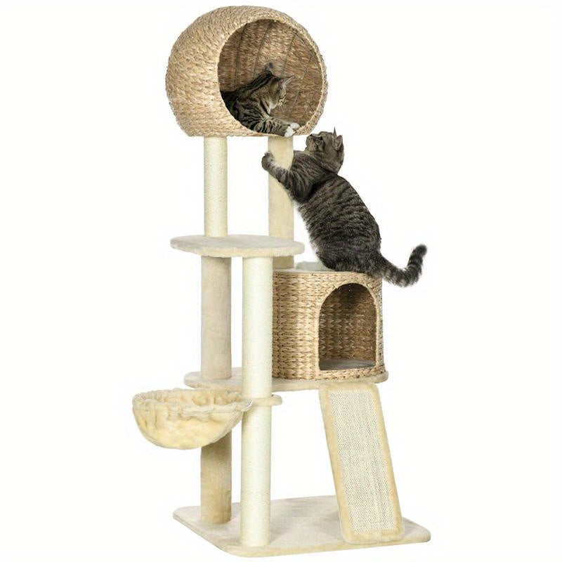 Scratch tree, with cat house, multiple platforms, hammock, scratching mat, tipping protection, beige, 60 x 60 x 150cm, Pet Scratching Post, Indoor Cat Tree, Multilevel Platforms, Cozy Cat House, Scratchresistant Material, Hig