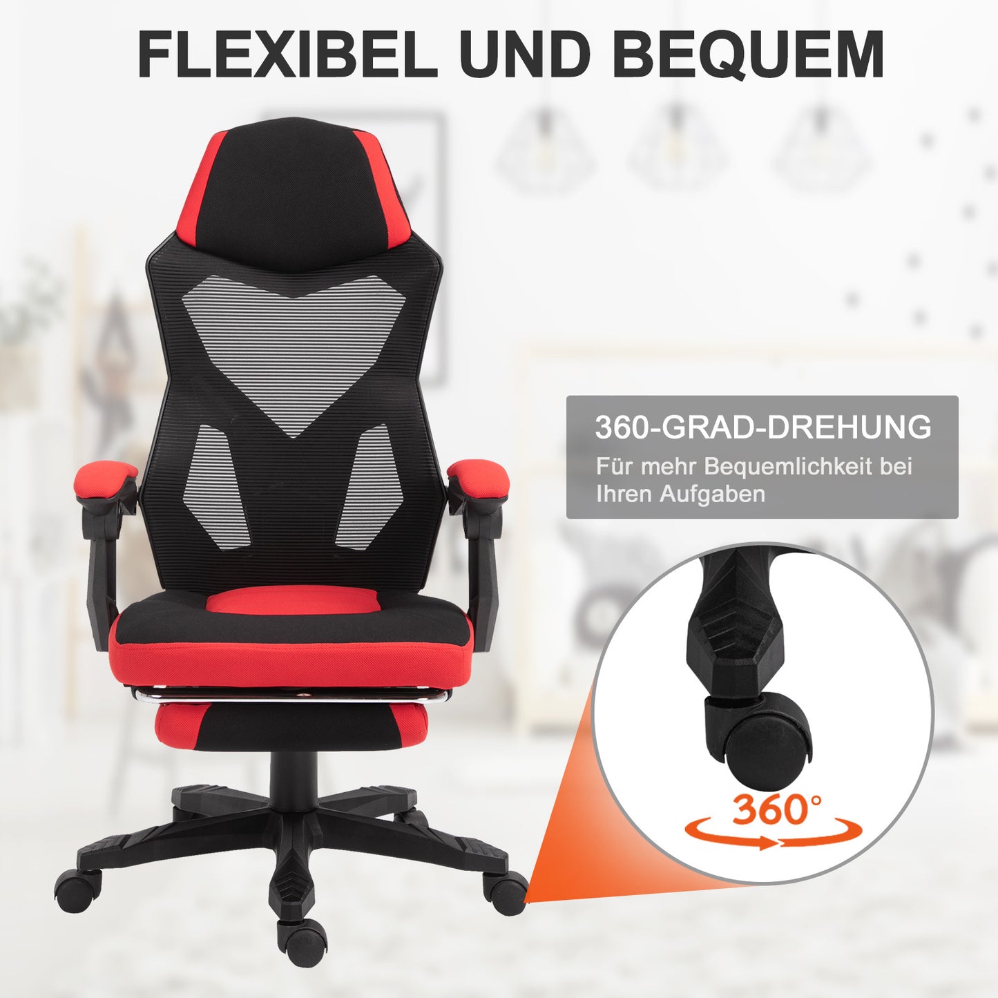 Gamingstoel – Gamestoel – Bureaustoel – Game Chair – Gamestoel – Ergonomisch Design – Verstelbare Hoogte Met Voetsteun – Polyester Zwart/Rood 58x63x112-122 cm