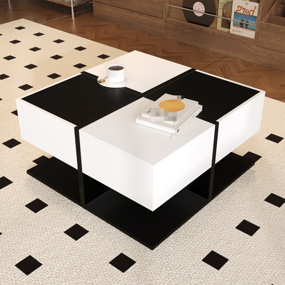 Salontafel – Woonkamer Tafel – Koffietafel – Bijzettafel – Tafel – Zwart-Wit – 70×80 cm – Vierkant – 2 Opberglades Met Soft-Close – Duurzame Stevige Constructie