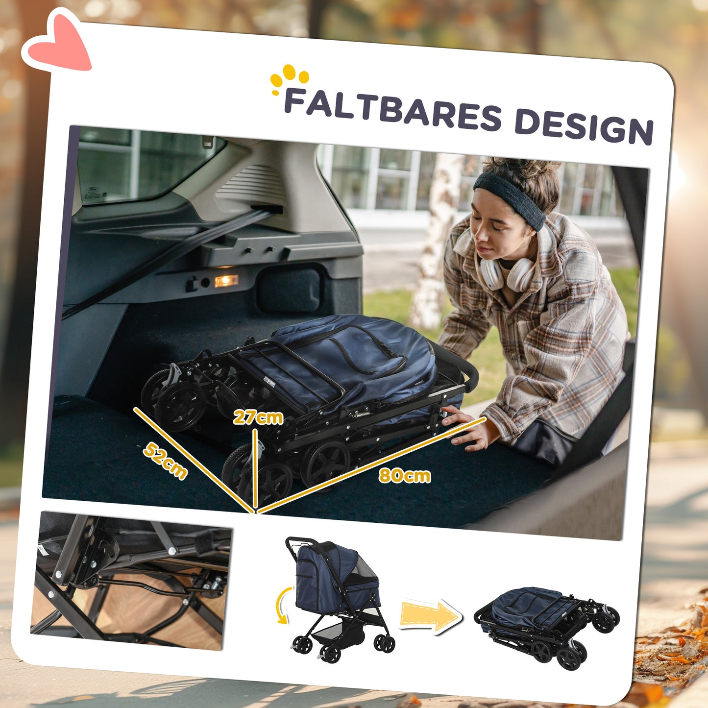 Hondenwagen – Hondenbuggy – Huisdierenwagen – Dierenbuggy – Kleine Honden Buggy – Blauw – Verstelbare Kap – Inklapbaar Met Veiligheidshaak