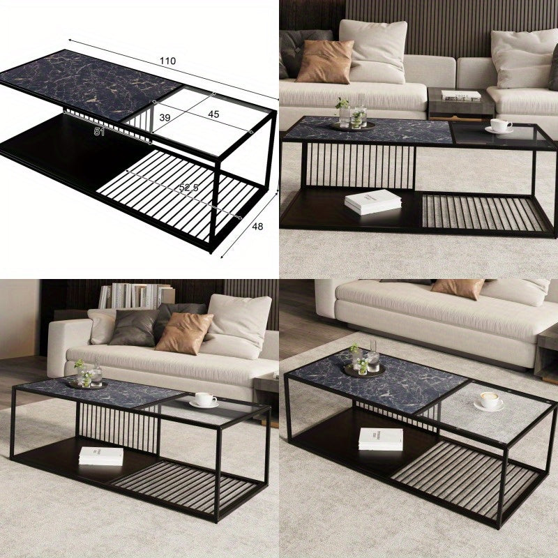 Salontafel – Koffietafel – Bijzettafel – Woonkamertafel – Tafel – Zwart – Metaal en Glas – Robuust Met Extra Opbergruimte