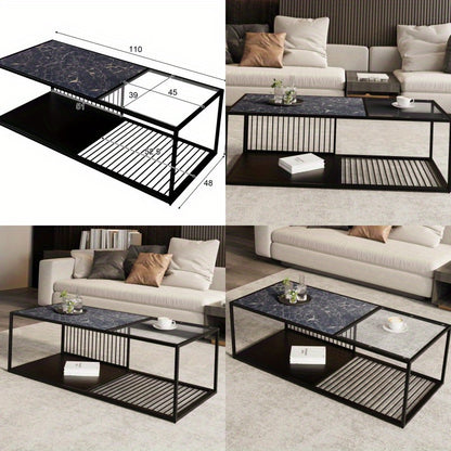 Salontafel – Koffietafel – Bijzettafel – Woonkamertafel – Tafel – Zwart – Metaal en Glas – Robuust Met Extra Opbergruimte