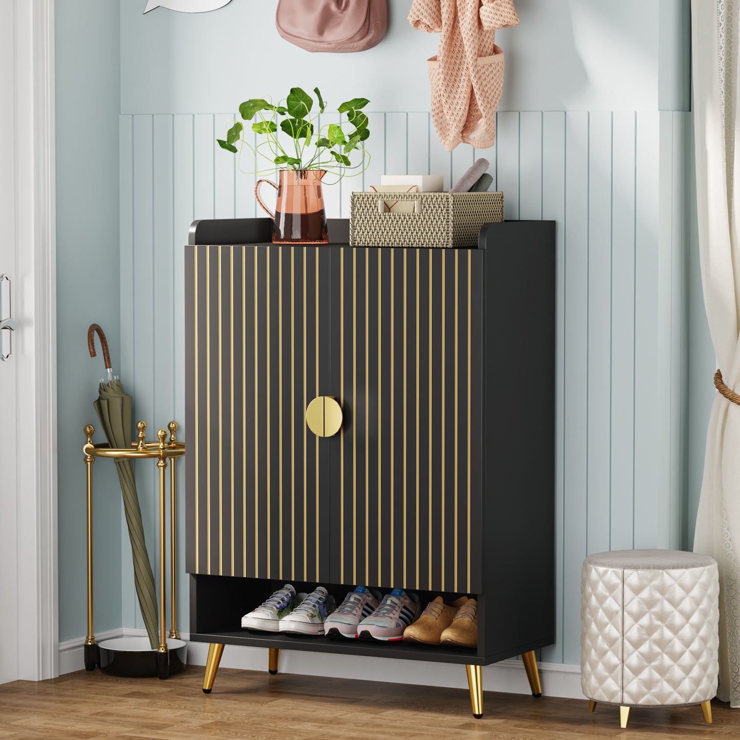 7-laags Schoenenkast – Schoenenrek – Schoenopberger – Schoenentoren – Schoenenkast met Deuren – Verstelbare Planken – Zwart MDF – Ruimtebesparend Vertical Design