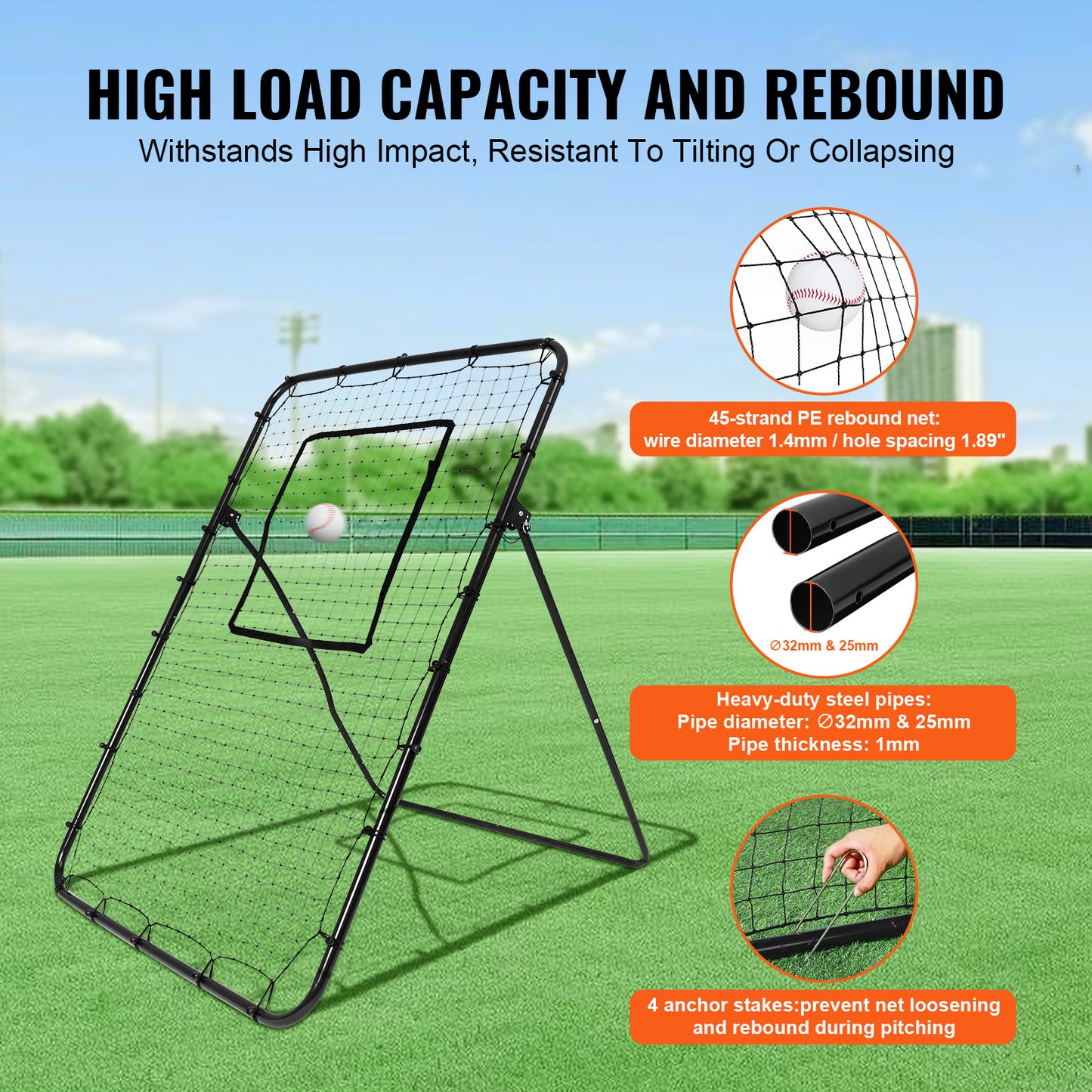 Honkbalnet – Reboundernet – Oefennet – Slagnet – Pitching Net – Verstelbare Hoeken – Stevig Stalen Frame – 120x180 cm