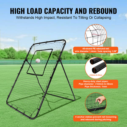 Honkbalnet – Reboundernet – Oefennet – Slagnet – Pitching Net – Verstelbare Hoeken – Stevig Stalen Frame – 120x180 cm