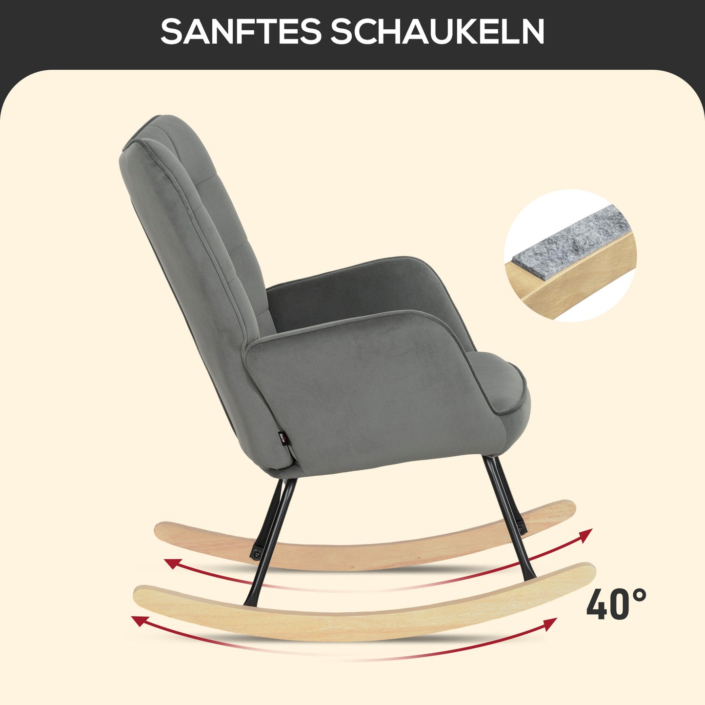 Vintage Schommelstoel – Schommelstoel – Relaxstoel – Fauteuil – Wiegstoel – Donkergrijs – Beukenhout & Staal – Dikke Bekleding