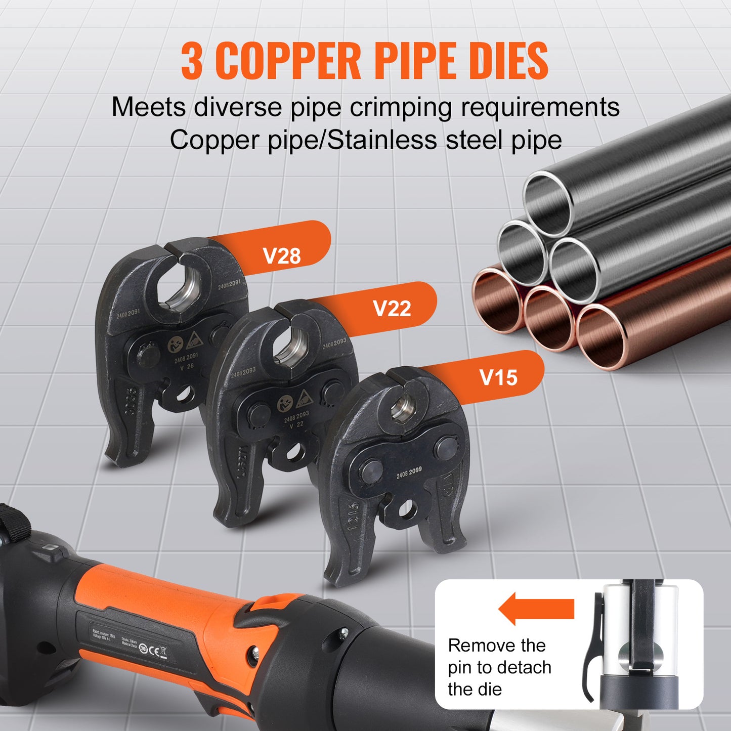 Elektrisch Persgereedschap – Persmachine – Krimptang – Buizenpers – Lithium Perskit – 360° Draaibare Perskop – Snelle Krimpcyclus 2-4s – Oranje/Zwart