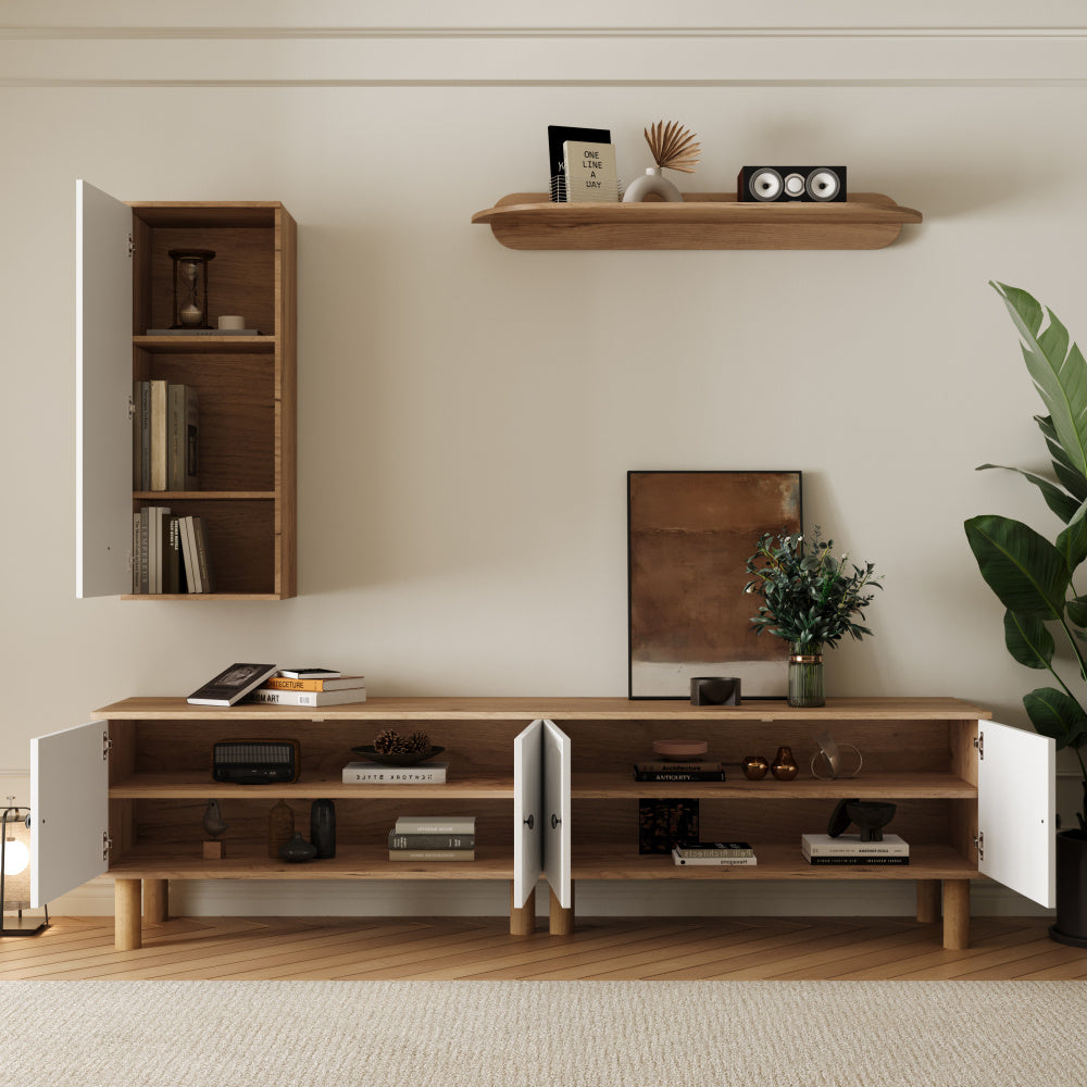 Tv-meubel – TV-kast – TV-dressoir – Wandmeubel – Media meubel – 3-delige set – Wit met beige houtlook – Opbergruimte met reliëfdeuren