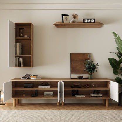 Tv-meubel – TV-kast – TV-dressoir – Wandmeubel – Media meubel – 3-delige set – Wit met beige houtlook – Opbergruimte met reliëfdeuren