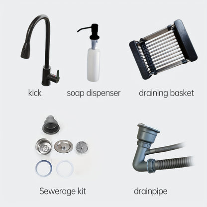 Matte Zwarte Spoeltafelset – Spoelbak – Keukenkraan – Uittrekbare Kraan – Zeeppomp – X-Flow Afvoer – Krasbestendig Composiet – Gereedschapsloze Installatie