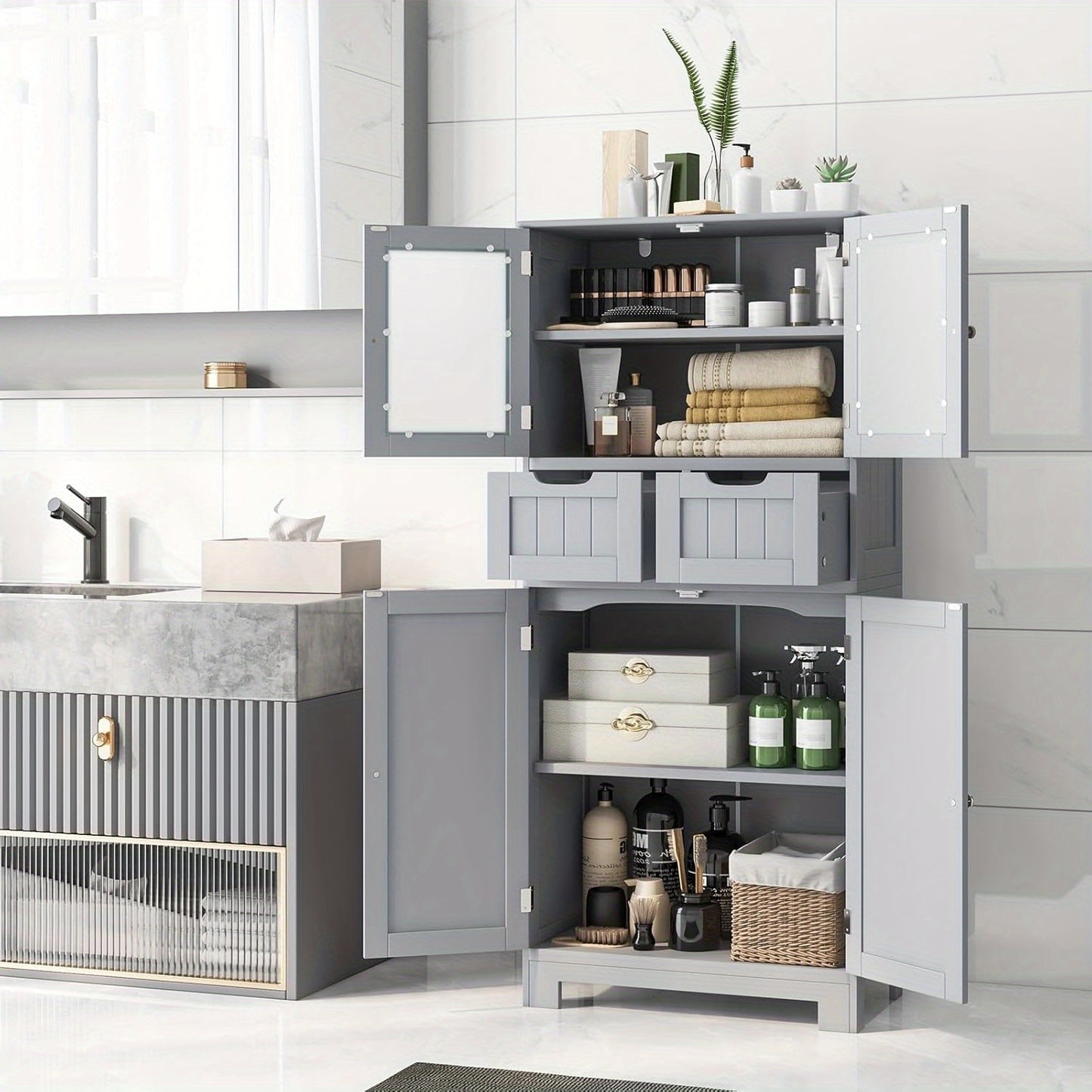Staande Badkamerkast – Opbergkast – Badkamermeubel – Kastje – Opbergmeubel – 4 Deuren en 2 Lades – Verstelbare Planken – Wit MDF met Zwarte Handgrepen – Ruimtebesparend Design