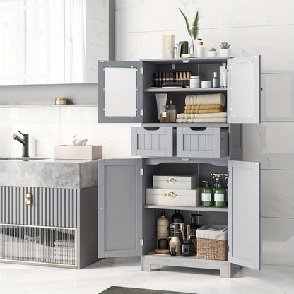 Staande Badkamerkast – Opbergkast – Badkamermeubel – Kastje – Opbergmeubel – 4 Deuren en 2 Lades – Verstelbare Planken – Wit MDF met Zwarte Handgrepen – Ruimtebesparend Design