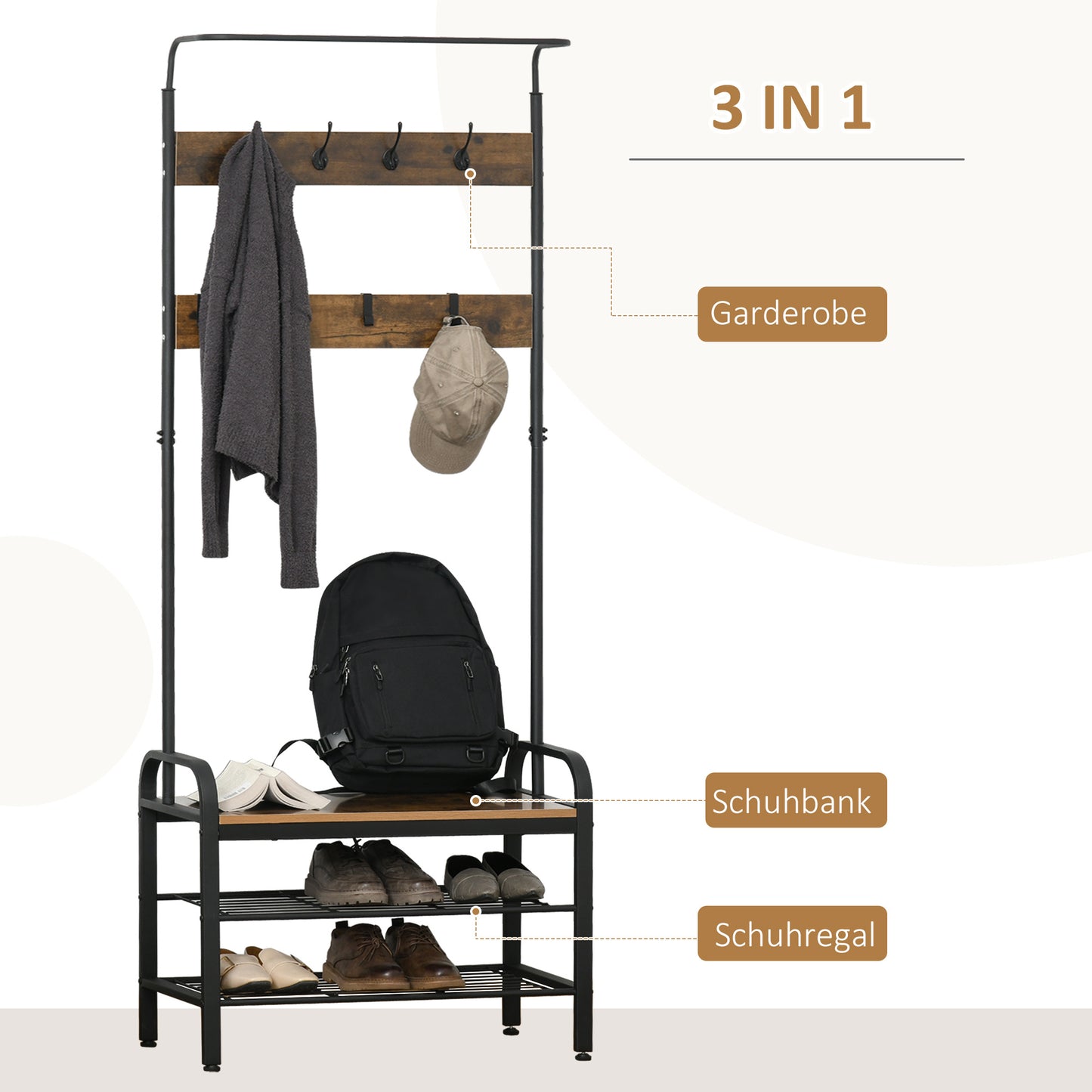 Kledingstandaard – Kapstok – Jassenrek – Schoenenrek – Garderoberek – Zwart – Compact 72x34x185 cm – 8 Haken en 2 Legplanken