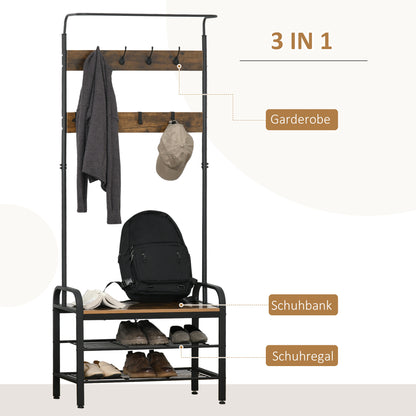 Kledingstandaard – Kapstok – Jassenrek – Schoenenrek – Garderoberek – Zwart – Compact 72x34x185 cm – 8 Haken en 2 Legplanken