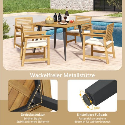 Tuintafel – Tuin Eettafel – Balkon Tafel – Buiten Tafel – Houten Tafel – Acaciahouten Vierkante Tafel 107x107 cm – Parasolhouder – Metalen Poten