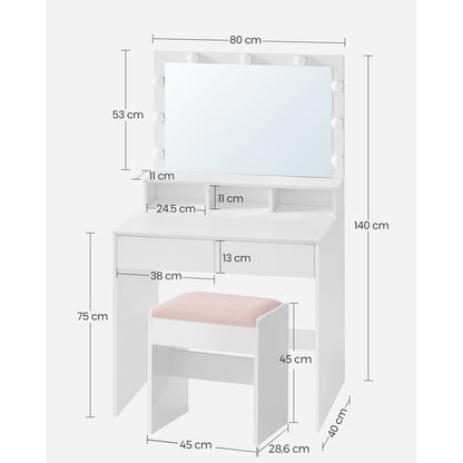 Make-up Tafel – Kaptafel – Schminktafel – Make-up Bureau – Beautytafel – 9 Dimbare LED-Lampen – 2 Lades & 3 Open Vakken – 40x80x140 cm – Chipwood – Wit