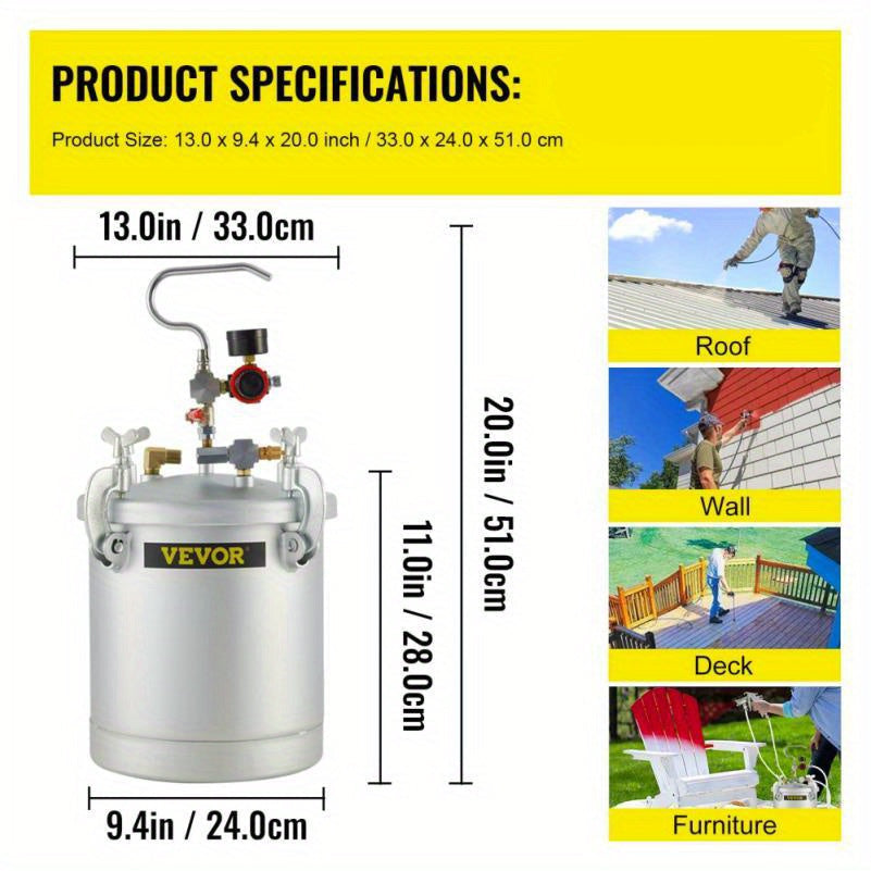Verfdrukpot – Verfspuit – Drukvat – Verfcontainer – Schilderspuit – 10 Liter Capaciteit – Stalen Behuizing – 1,5 mm Spuitmond – Zonder Batterij