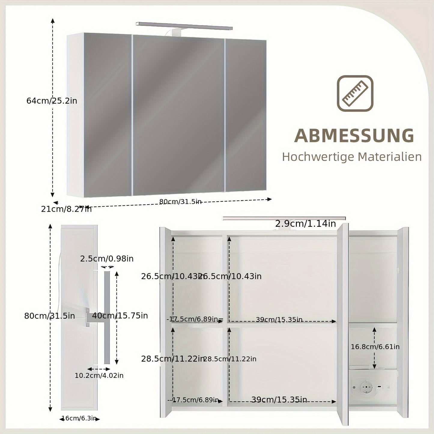 Spiegelkast – Badkamerkast – Medicijnkast – Opbergkast – Wandkast – LED-Verlichting – USB-Aangedreven – 3 Deuren – Duurzaam Wit