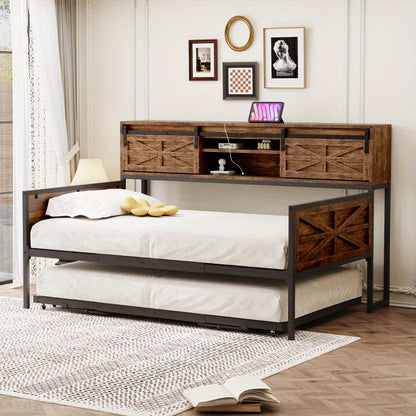 Slaapbank – Bedbank – Bankbed – Uitklapbank – 2-in-1 Sofa Bed – Zwart-Bruin – Met Opbergruimte Onder Zitting – Robuust Metaal-Hout Frame – Direct Gebruiksklaar Zonder Montage