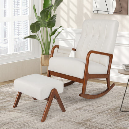 Schommelstoel – Relaxstoel – Rocking Chair – Draaistoel – Fauteuil – Met Hocker – Gestoffeerd Katoen Linnen – Ergonomisch Rubberhout Frame