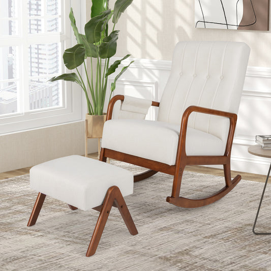 Schommelstoel – Relaxstoel – Rocking Chair – Draaistoel – Fauteuil – Met Hocker – Gestoffeerd Katoen Linnen – Ergonomisch Rubberhout Frame