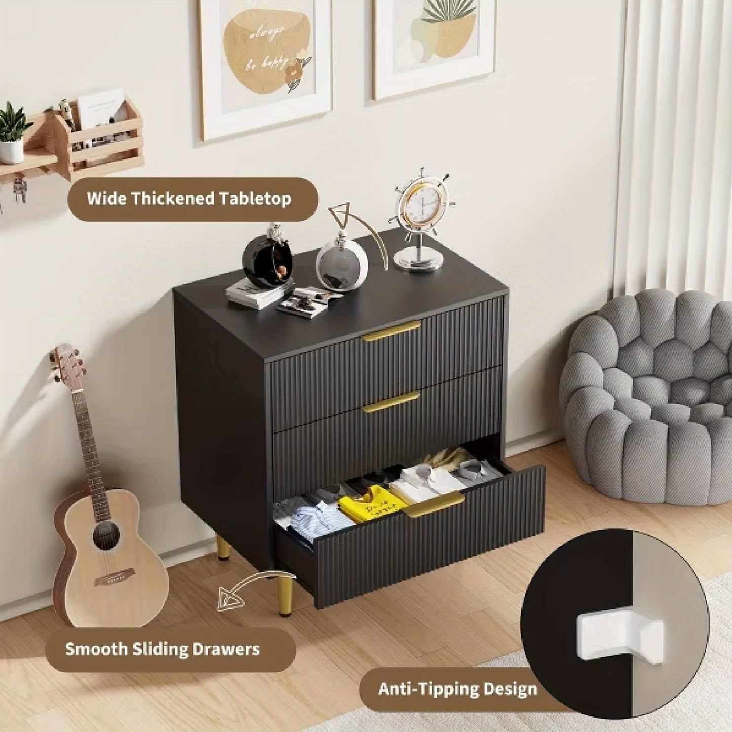 Brede Ladekast – Ladekast Met Laden – Opbergkast – Dressoir – Commode – Zwart – Modern Design – Stevige Houten Poot