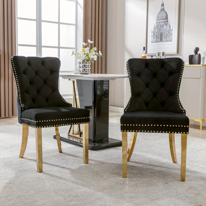 2pcs Elegant Dining Chairs with Golden-Tone Nailhead Trim & Golden-Plated Stainless Steel Legs - Upholstered Backrest, Round Pulls, Classic Modern Design