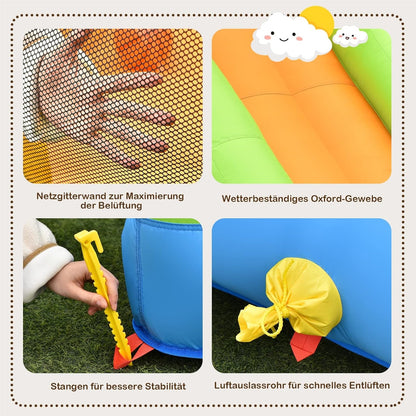 Springkasteel – Springkussen – Opblaasbaar Kasteel – Bouncer – Speelhuisje – Met Glijbaan & Ballenbad – Duurzaam Oxford Stof – Inclusief Basketbalring & Reparatiesetje 477x241x208 cm