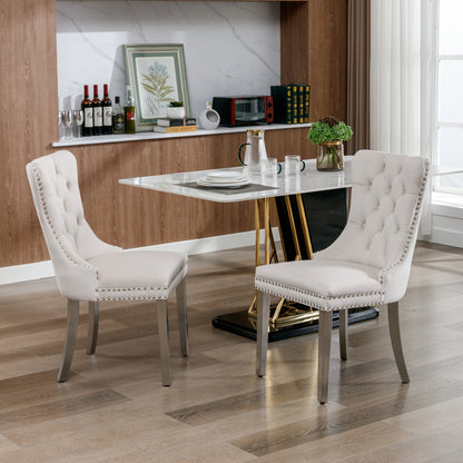 Set of 2 Modern Luxury Tufted Solid Wood Frame Dining Chairs with Beige Velvet Upholstery, Chrome Stainless Steel Legs & Nailhead Trim - Contemporary Classic Design, Plush Cushioned Seats for Elegant Home or Formal Dining Roo