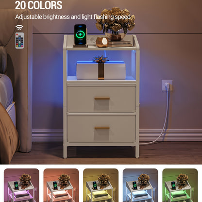 Nachtkastje – Bijzettafel – Bedkastje – Slaapkamerkastje – Opbergmeubel – Met LED-verlichting – USB Oplaadstation – Zwart/Wit – 2 Lades – Met Stopcontacten