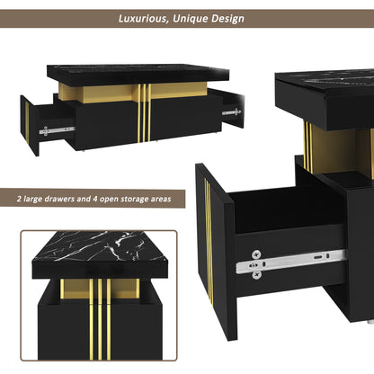 Woonkamerset – TV Meubel – Salontafel – Lowboard – Opbergmeubel – Zwart-Wit Marmerlook – Gouden Accenten – Hoogglans Afwerking – Geschikt voor TV tot 90 Inch
