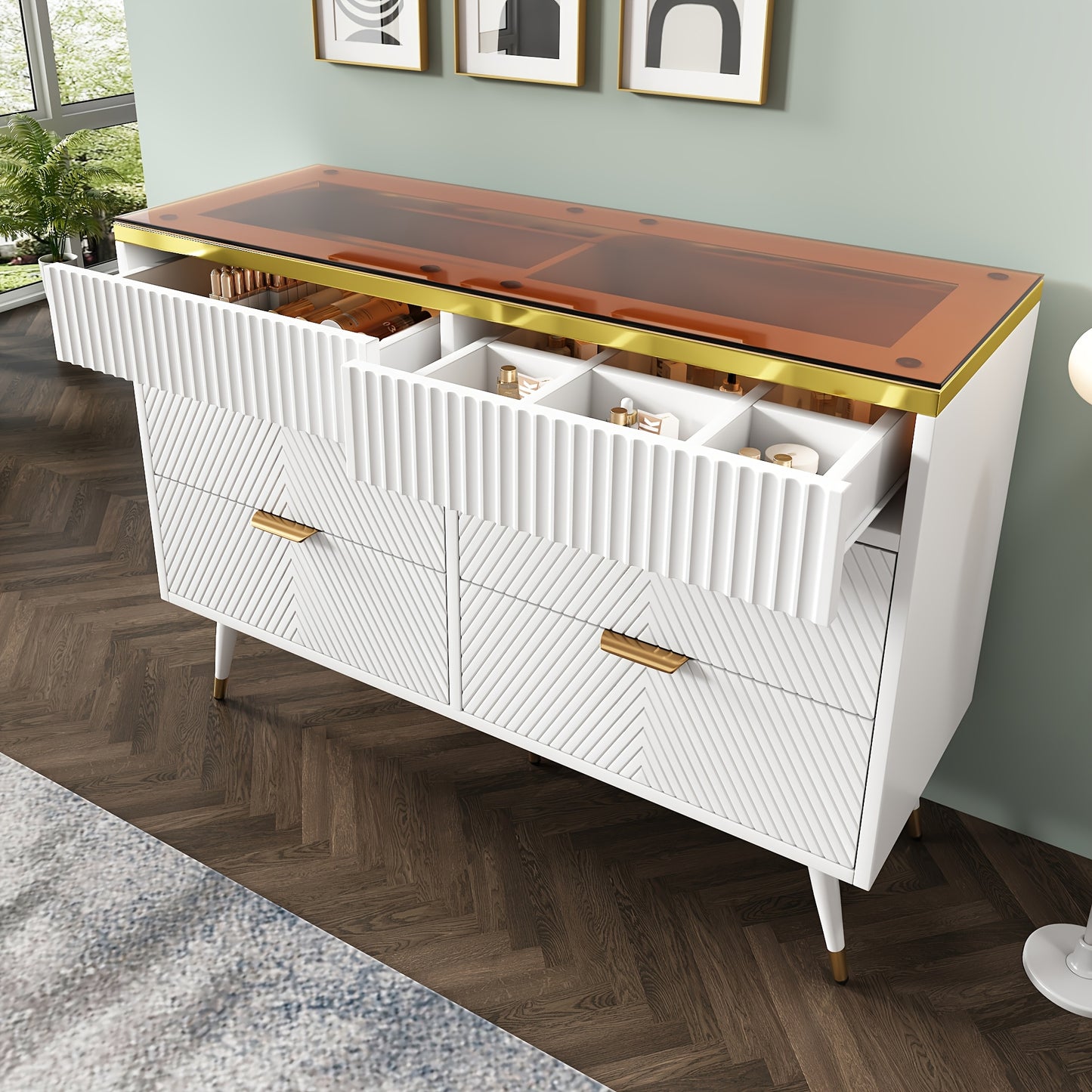 Opbergkast – Ladekast – Kledingkast – Commode – Kast – Wit Bamboe – 6 Lades – 3,2 Kubieke Voet – Gouden Handgrepen – Stevig & Duurzaam – Eenvoudige Montage